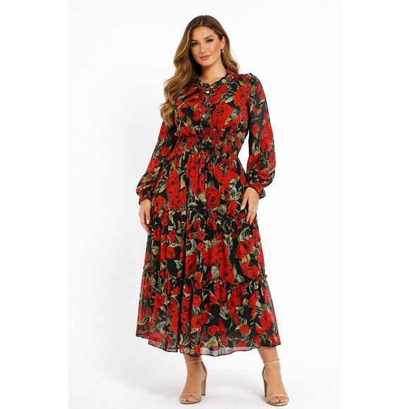 Tuleen Dresses & Skirts - Tuleen Red Rose Floral Maxi Dress Smocked Waist Long Sleeve Boho XL